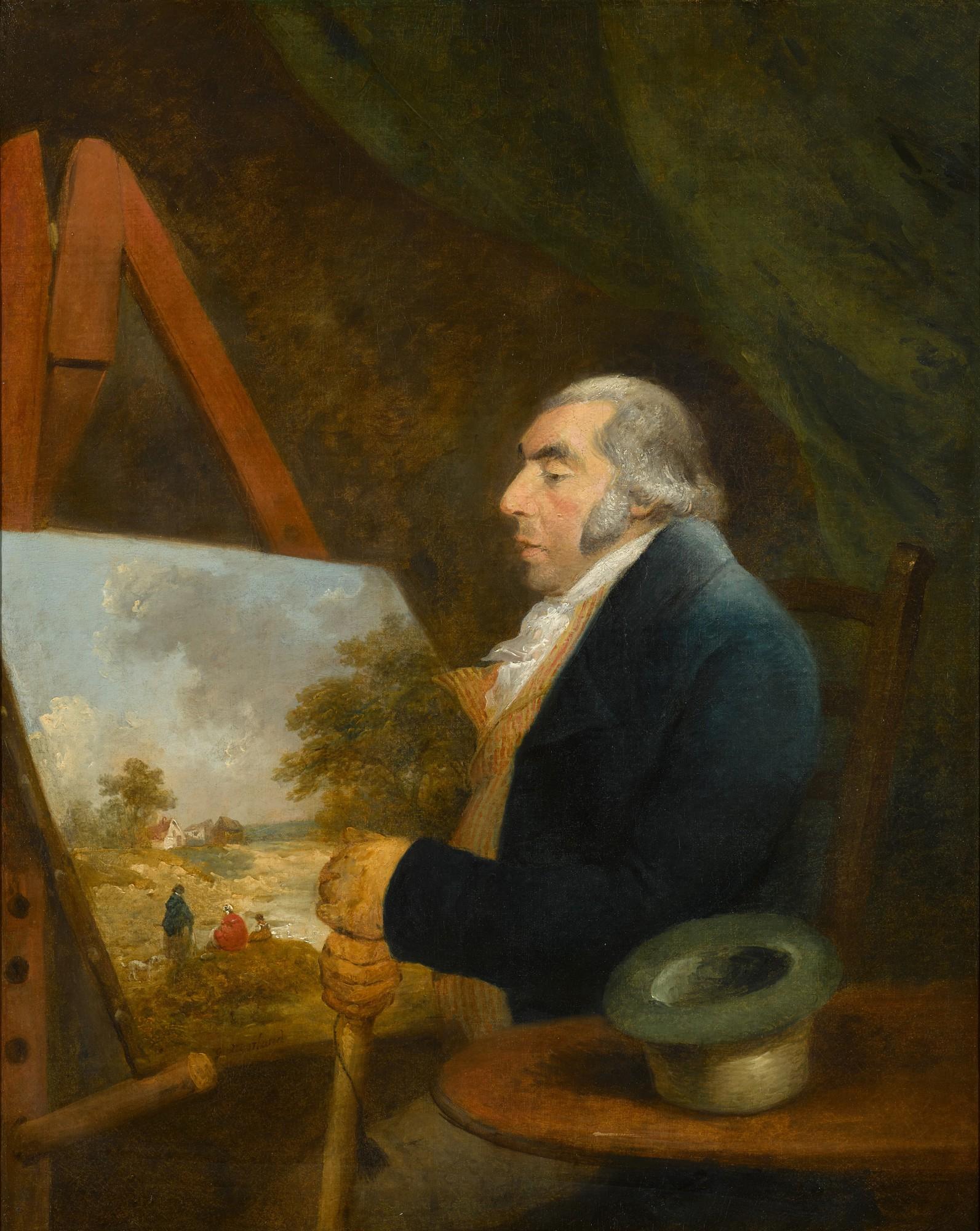 George Morland - Portrait of a gentleman patron, three-quarter length, seated before a landscape painting