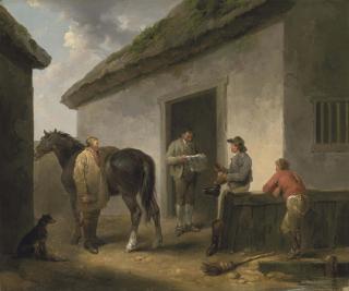 George Morland - Reading the News: Horse and grooms outside a stable