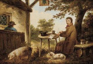 George Morland - Self portrait of the artist with his dog, seated at a table outside the Bell Inn