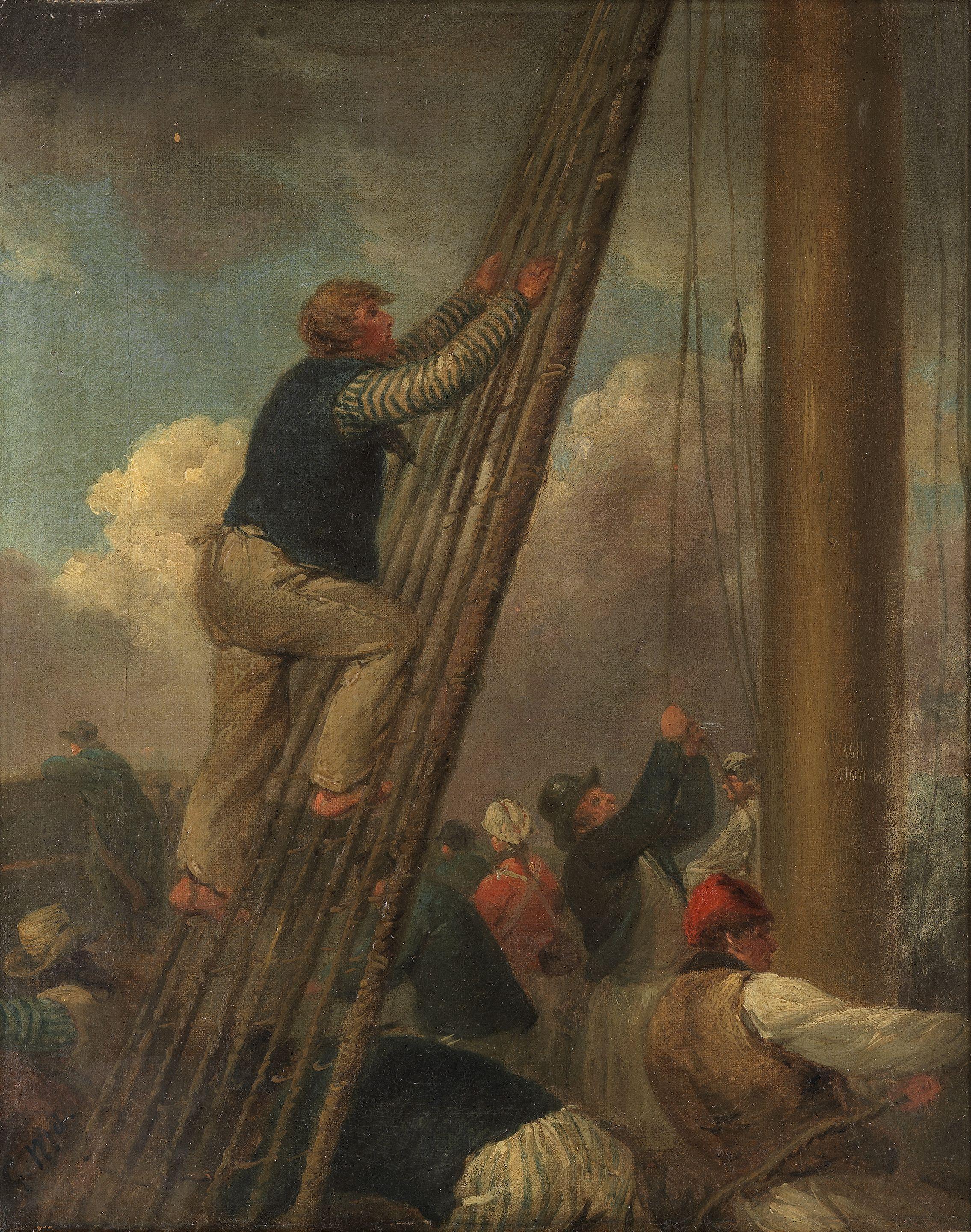 George Morland - The busy deck of a ship with a sailor scaling the rigging