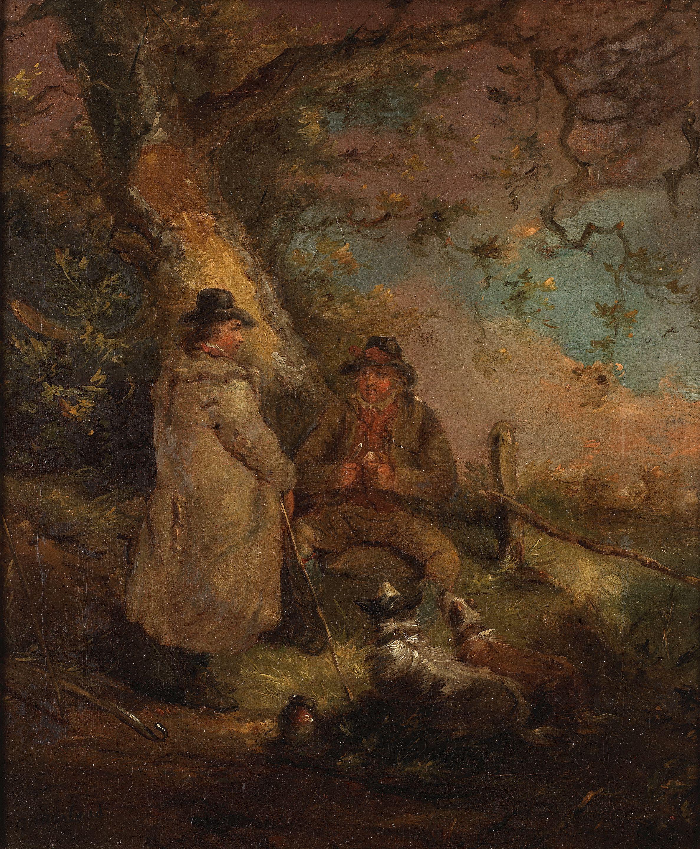 George Morland - Two shepherds and sheep dogs before a landscape