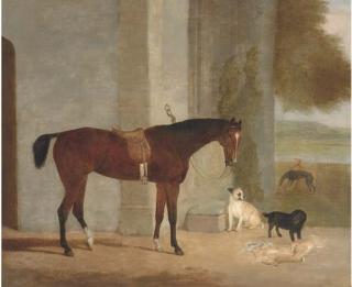 George Morley - A Dark Brown Horse Tethered To An Arch With Dogs In A Landscape