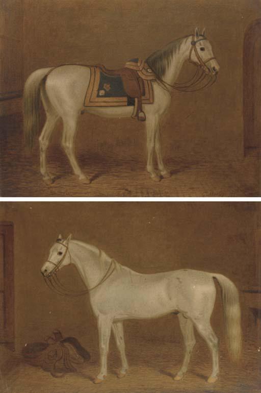 George Morley - A grey hunter in a stable; and A grey saddled hunter in a stable