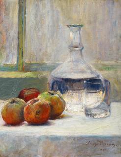 George Mosson - Stillleben mit Wasserflasche und Äpfeln