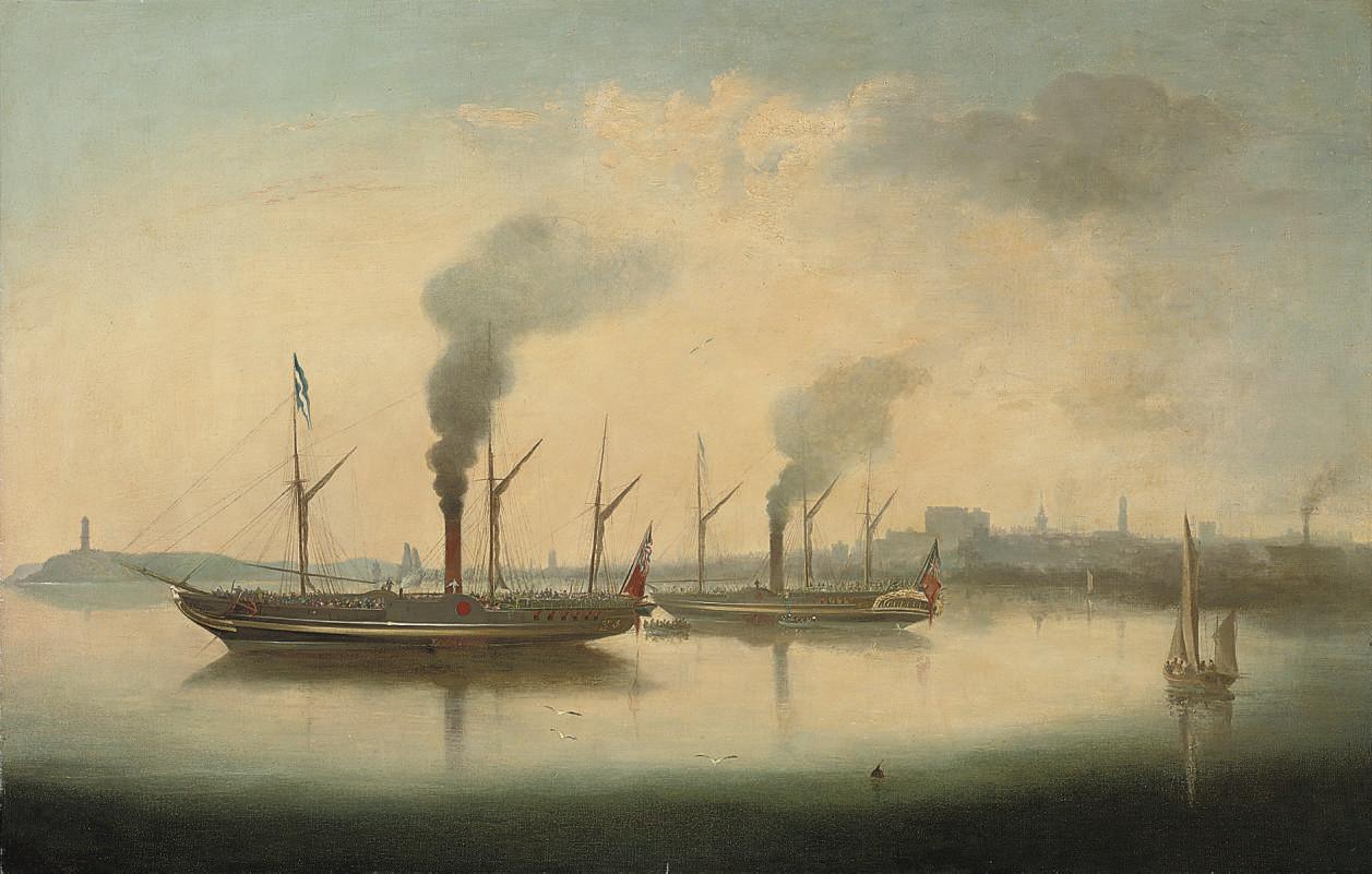 George Mounsey Wheatley Atkinson - Crowded paddlesteamers lying at anchor in a harbour, thought to be Cork