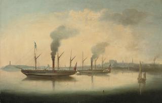 George Mounsey Wheatley Atkinson - Crowded paddlesteamers lying at anchor in a harbour, thought to be Cork