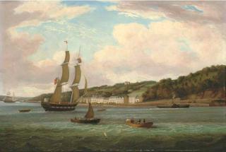 George Mounsey Wheatley Atkinson - View of Passage West On The River Lee, Co. Cork With Monkstown Castle In The Distance, A Mail Boat Arriving In The Foreground