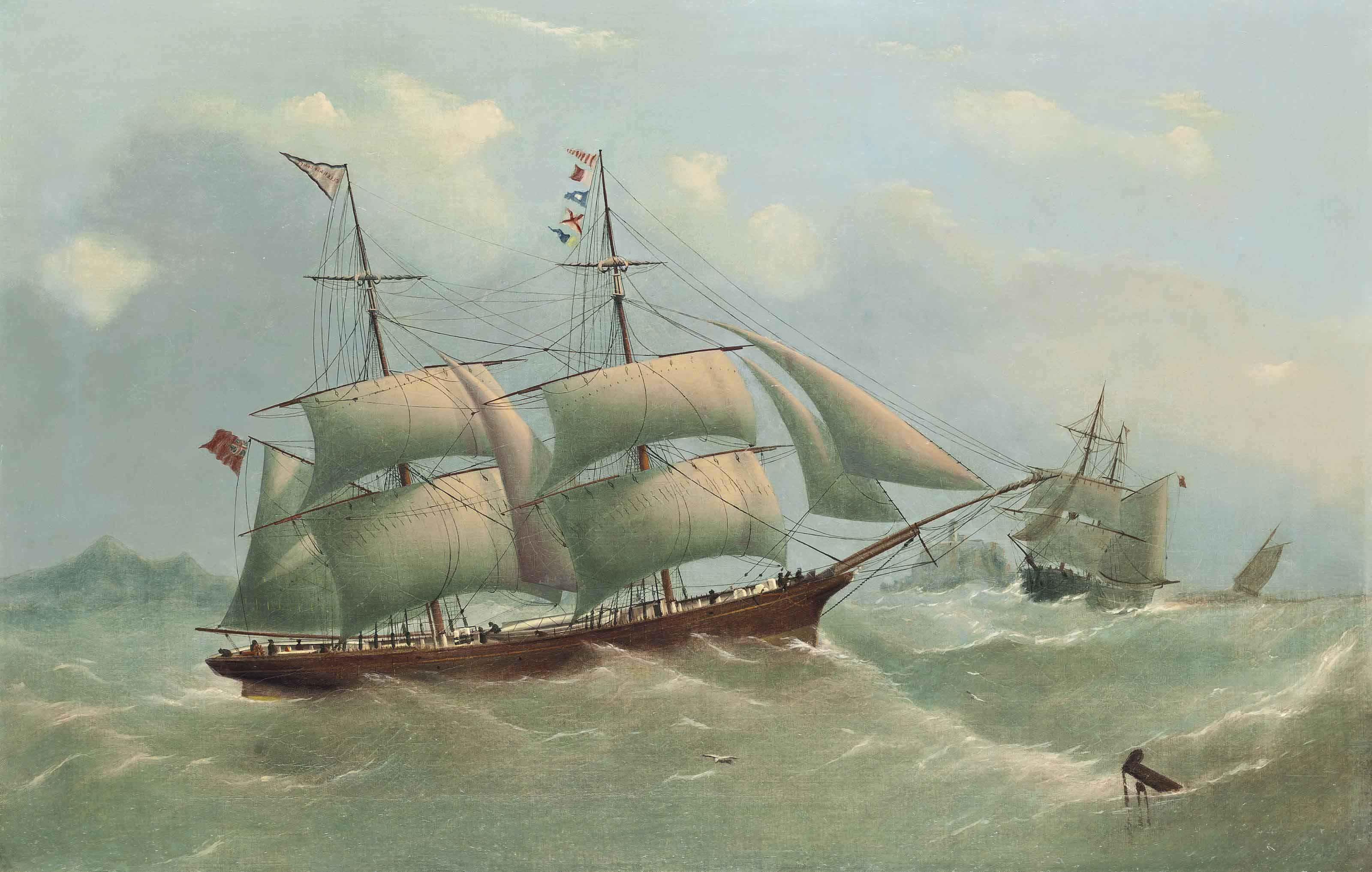George Nelson - The Ellen Ashcroft of Whitehaven under reduced sail, in two positions off a rocky headland