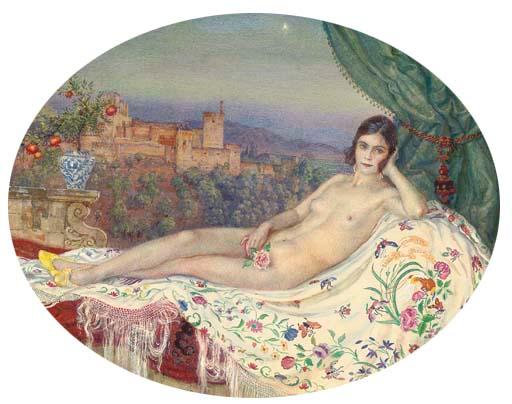 George Owen Wynne Apperley - The Artist\'S Wife On A Terrace Above The Alhambra, Spain