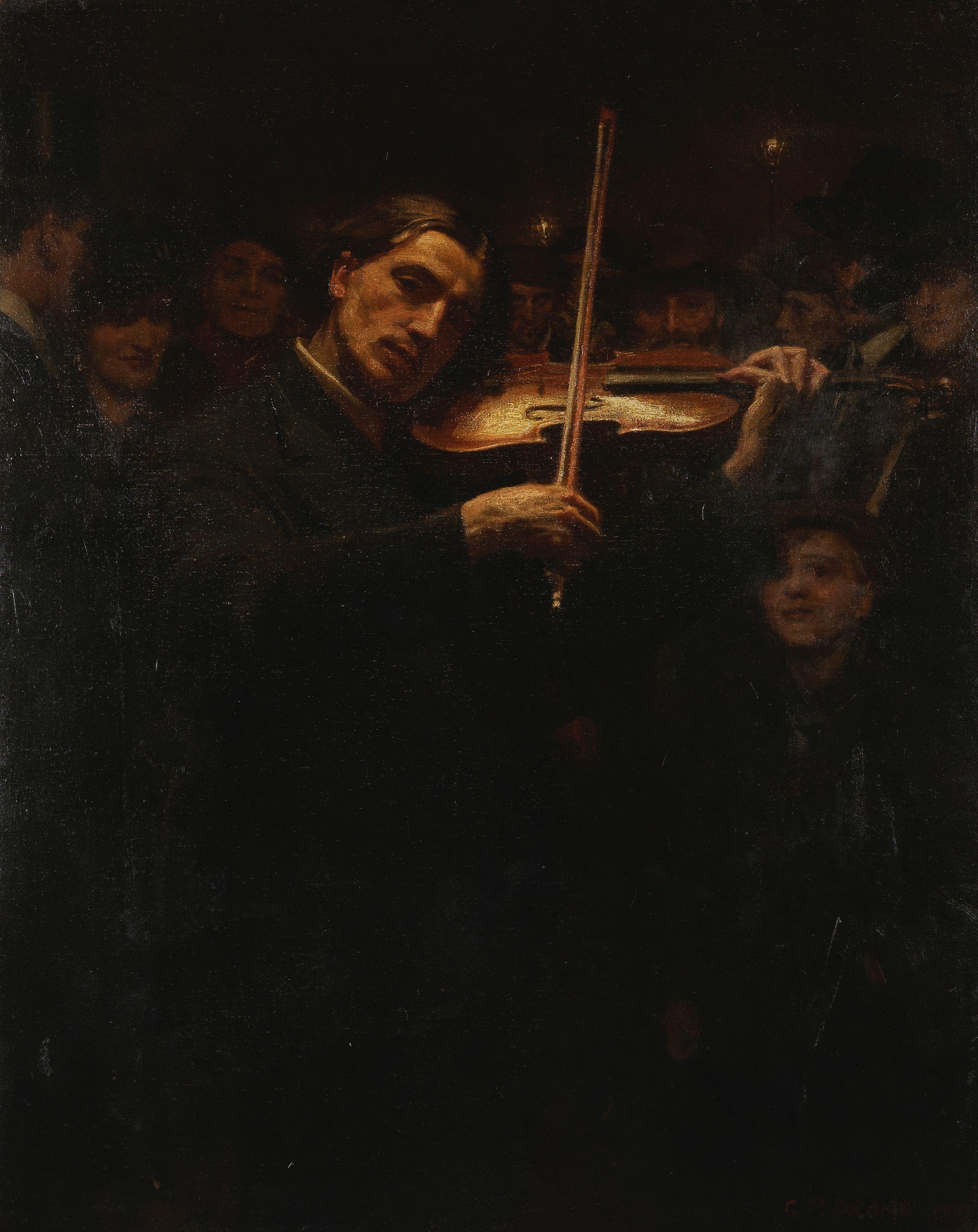 George Percy R. E. Jacomb-Hood - Under Lamplight, violinist performing in the street