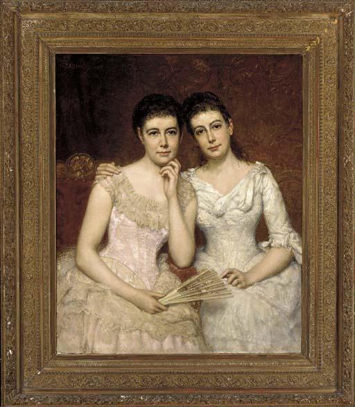 George Peter Alexander Healey - Portrait of Miss Sophie Burnley and Miss Charlotte Heath Burnley, seated three-quarter-length, in white and pink dresses, in an interior