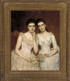 George Peter Alexander Healey - Portrait of Miss Sophie Burnley and Miss Charlotte Heath Burnley, seated three-quarter-length, in white and pink dresses, in an interior