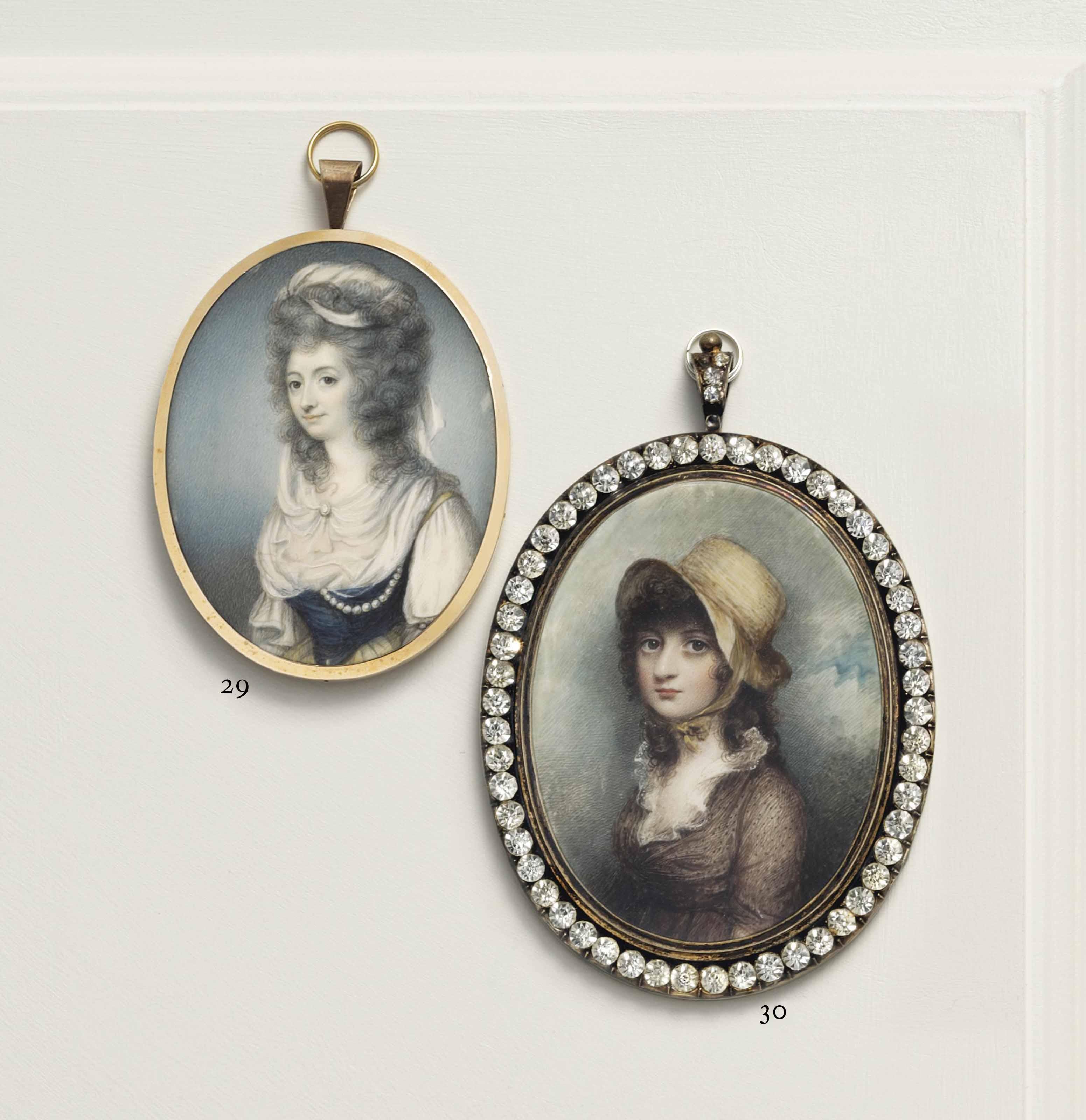 George Place - A Lady Called Miss Elizabeth Keppel (D. 1821), In Yellow Dress With Blue Bodice And White Fichu Trimmed With Strands Of Pearls, A Bandeau And Gauze Veil Over Her Powdered Hair