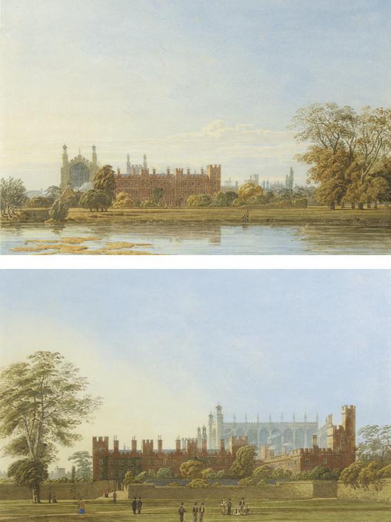 George Pyne - Eton College and Chapel, Windsor, from the Thames, figures on the bank of Fellows\' Eyot in the foreground; and Eton College, Windsor, from College Field, the \'Wall\' to the right hand side