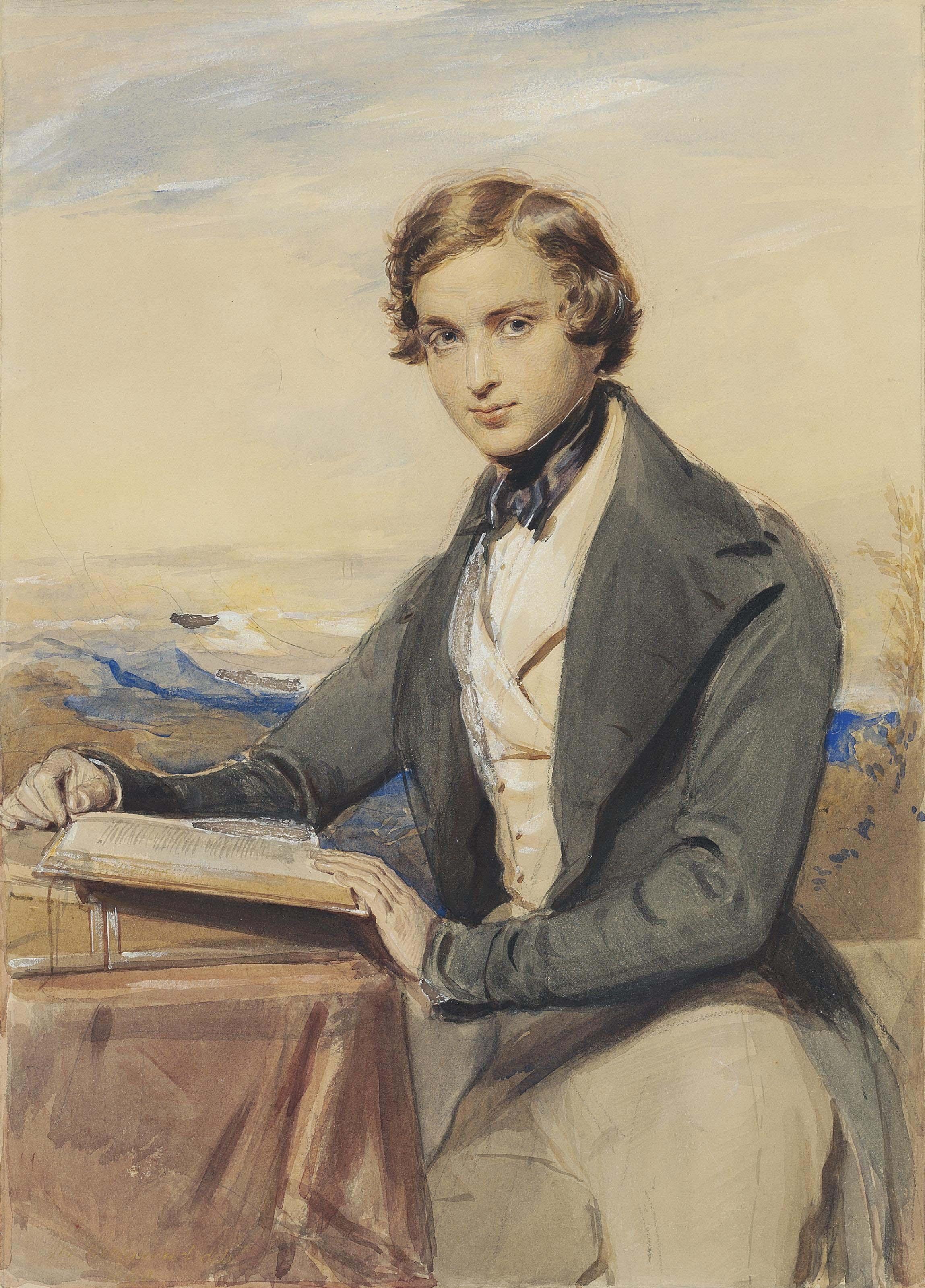 George Richmond, R.A. - Portrait of a young man, three-quarter length, reading on a terrace