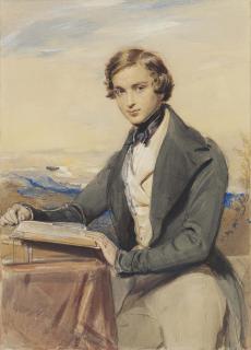 George Richmond, R.A. - Portrait of a young man, three-quarter length, reading on a terrace