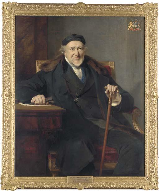 George Richmond, R.A. - Portrait of Sir Moses Montefiore (1784-1885), three-quarter-length, seated at a desk, in a black suit and cap