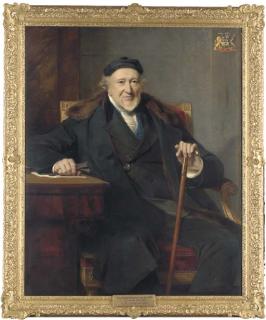 George Richmond, R.A. - Portrait of Sir Moses Montefiore (1784-1885), three-quarter-length, seated at a desk, in a black suit and cap