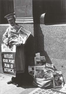 George Rodger - News vendor during the Blitz; Victoria Station; Parish visit after an all night raid; Art students decorate boarding on shattered shop fronts