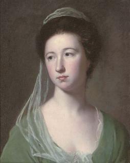 George Romney, R.A. - Portrait of a lady traditionally identified as Lady Cicilia Halliwell, bust-length, in a green dress and pale green veil