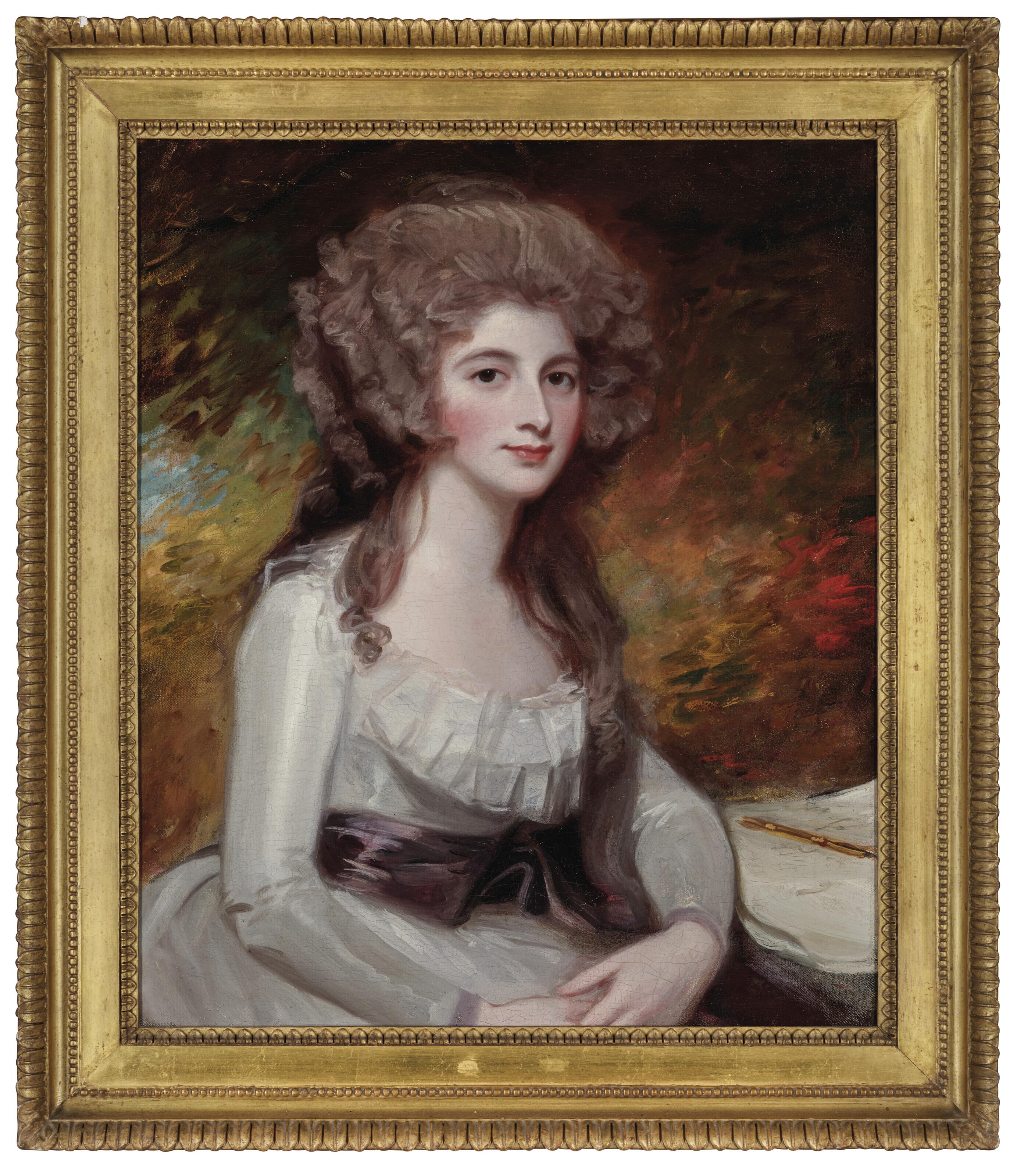 George Romney, R.A. - Portrait of a young lady, traditionally identified as Sarah, the Hon. Mrs Richard Tickell (1770-c.1817), half-length, in a white dress and plum sash