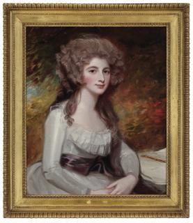 George Romney, R.A. - Portrait of a young lady, traditionally identified as Sarah, the Hon. Mrs Richard Tickell (1770-c.1817), half-length, in a white dress and plum sash