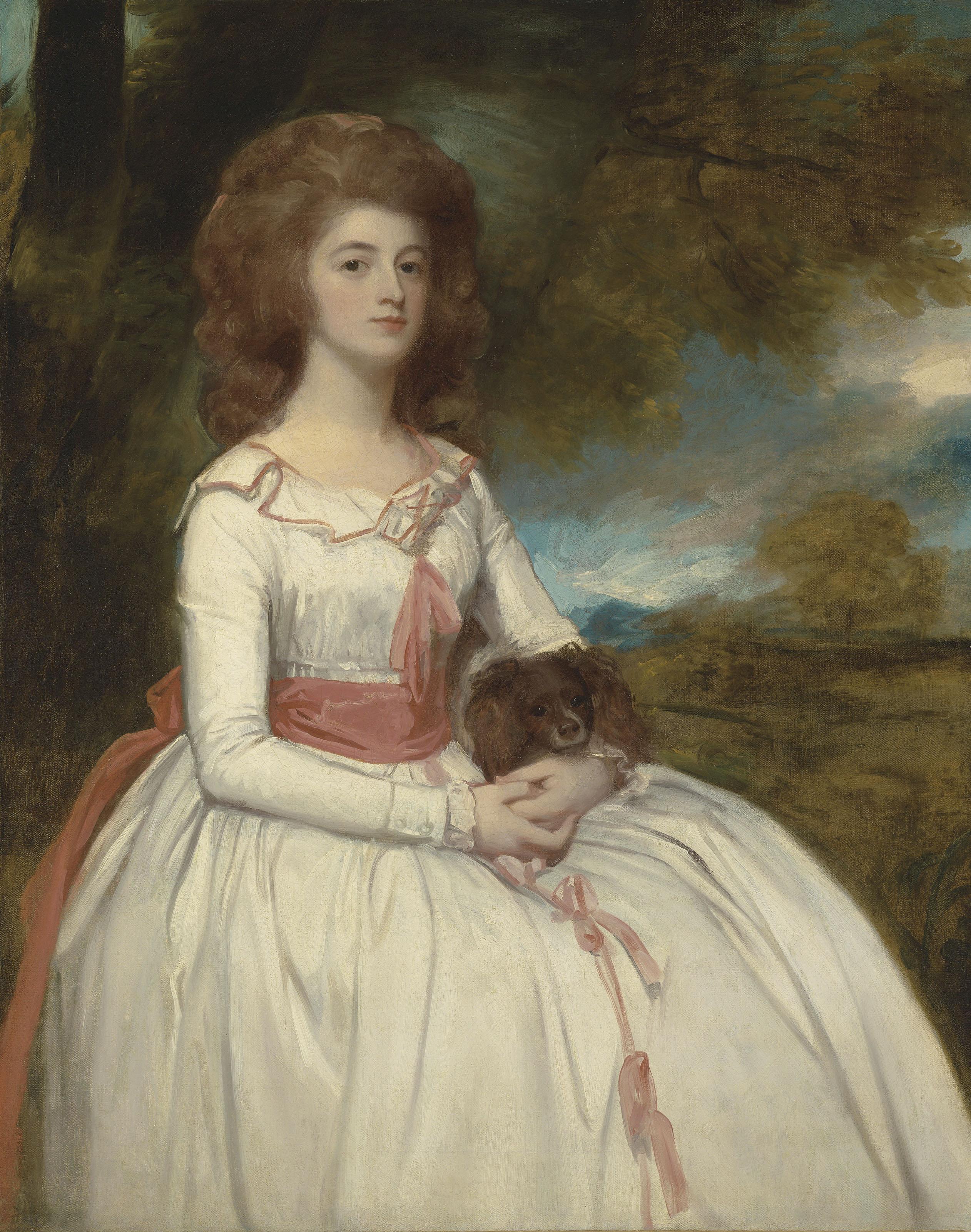 George Romney, R.A. - Portrait Of Mrs Mary Moody (C. 1767-1820), Wife Of Samuel Moody, Three-Quarter-Length, In A Landscape