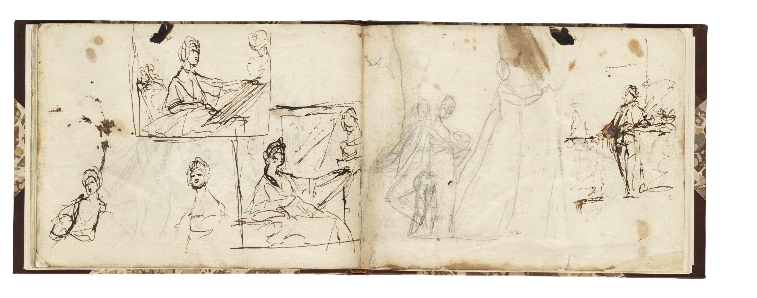 George Romney - A sketchbook of 12 sheets, rebound in a modern marbled paper binding, with new additional sheets at each end, including studies for: Portrait of Mrs Jackson; Melancholy; Portrait of Mrs Yeats; The Warren Family