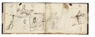George Romney - A sketchbook of 12 sheets, rebound in a modern marbled paper binding, with new additional sheets at each end, including studies for: Portrait of Mrs Jackson; Melancholy; Portrait of Mrs Yeats; The Warren Family