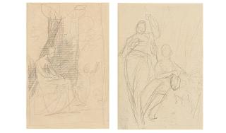 George Romney - A study of two women, one standing by her seated companion; and A study of a woman seated by a curtain with another figure beyond (2)