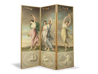 George Romney - A three-panelled screen: Classical figures dancing