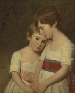 George Romney - Double portrait of two siblings, three-quarter-length, in white dresses and a red and pink sash, in a landscape