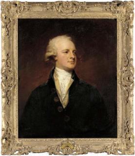 George Romney - Portrait of a gentleman said to be Abraham Hume, half-length, with a white cravatte, yellow shirt and blue coat