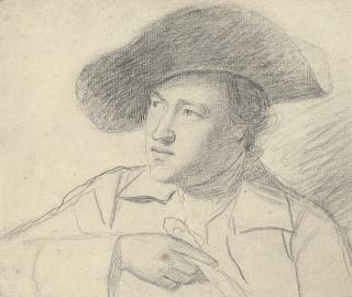 George Romney - Portrait of a Gentleman, traditionally identified as Colonel Hope, bust-length, in a tricorn hat, his right arm holding a cane