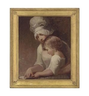 George Romney - Portrait of a lady and a child, traditionally identified as Mrs Cumberland and her son, Charles, half-length, in a white dress and bonnet