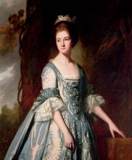 George Romney - Portrait of a lady, half-length, in a blue and pink dress, in a landscape