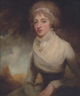 George Romney - Portrait of a lady in a white dress, half length, seated in a landscape
