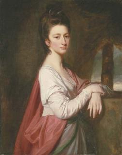 George Romney - Portrait of a lady, traditionally identified as Mrs. Nelthorpe, three-quarter-length, in a white dress and pink shawl, beside a stone plinth