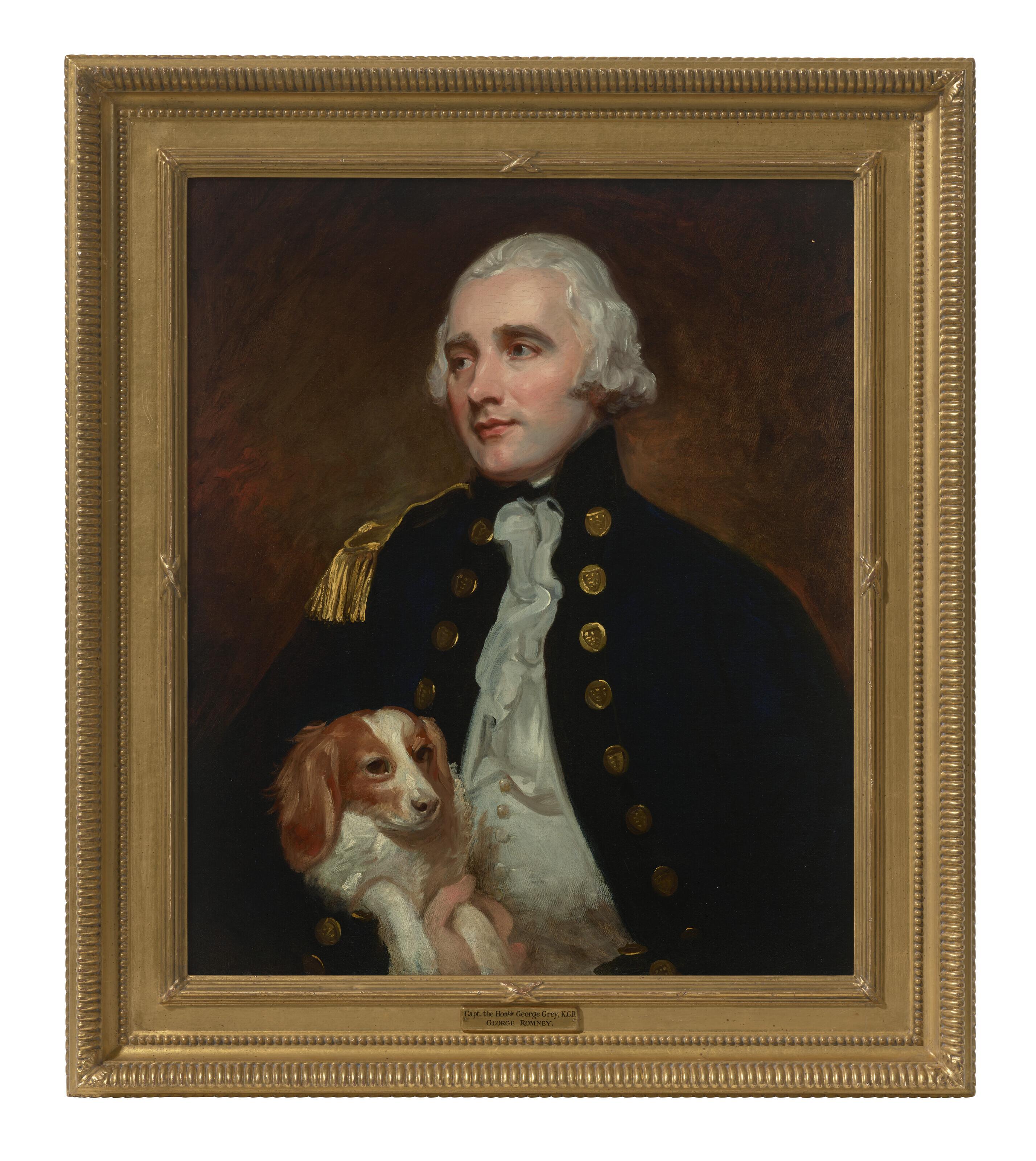 George Romney - Portrait of an Officer of the Corps of Engineers, half-length, holding a dog