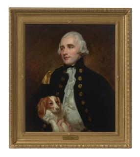 George Romney - Portrait of an Officer of the Corps of Engineers, half-length, holding a dog
