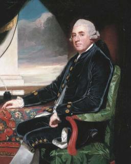 George Romney - Portrait of Barry Maxwell, 1st Earl Farnham, seated three-quarter- length, wearing a blue velvet suit with gold buttons and white lace cuffs, before a table draped with an oriental carpet, an open window beyond