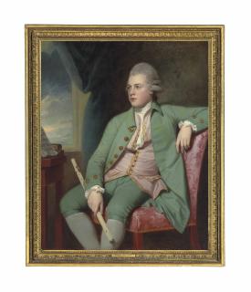 George Romney - Portrait of Francis Lind (1752/3-1840), three-quarter-length, seated at a window, a one-keyed Simpson ivory flute in his right hand