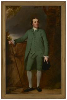 George Romney - Portrait of George Morewood (1720-1792) of Alfreton Park, Derbyshire, full-length, in a green suit with a walking stick