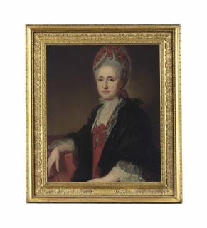 George Romney - Portrait of Hester, Countess of Clanricarde (d. 1803), half-length, in a red dress and a black, lace-trimmed wrap