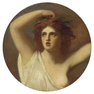 George Romney - Portrait of Lady Emma Hamilton, as Cassandra, half length, in a white robe, a laurel wreath crowning her head