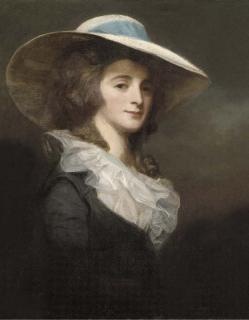 George Romney - Portrait of Lady Herries, half-length, in a grey dress and white collar, with a wide-brimmed white hat with a blue ribbon