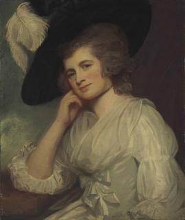 George Romney - Portrait Of Lady Laetitia À Court, Half-Length, In A White Muslin Dress With Satin Bows