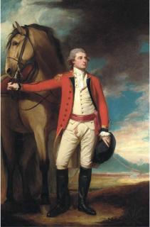 George Romney - Portrait Of Major James Hartley, Full-Length, In Uniform, Holding His Horse, A Formation Of Soldiers Near A Mountain Beyond