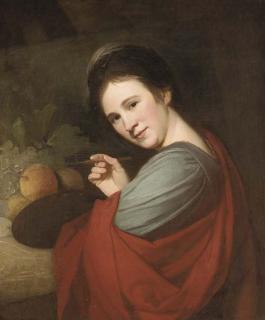George Romney - Portrait of Mary Moser, R.A. (1744-1819), half-length, holding a palette and brush, before fruit on a ledge