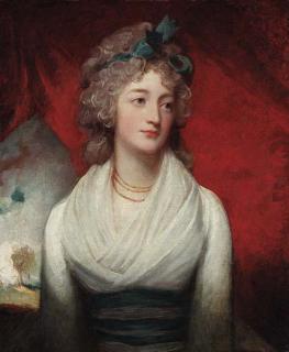 George Romney - Portrait of Miss Jean Drummond, half-length, in a white dress and with a blue ribbon in her hair, before a red curtain, a landscape beyond